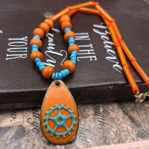 Tropical Boho Statement Necklace Orange Turquoise Pendant Beachy